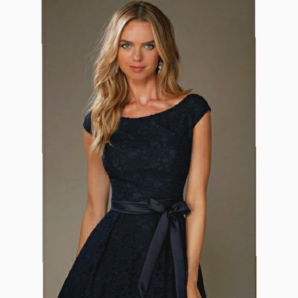 Morilee Navy Knee Length Lace Bridesmaid Dress - Picture 3 of 9